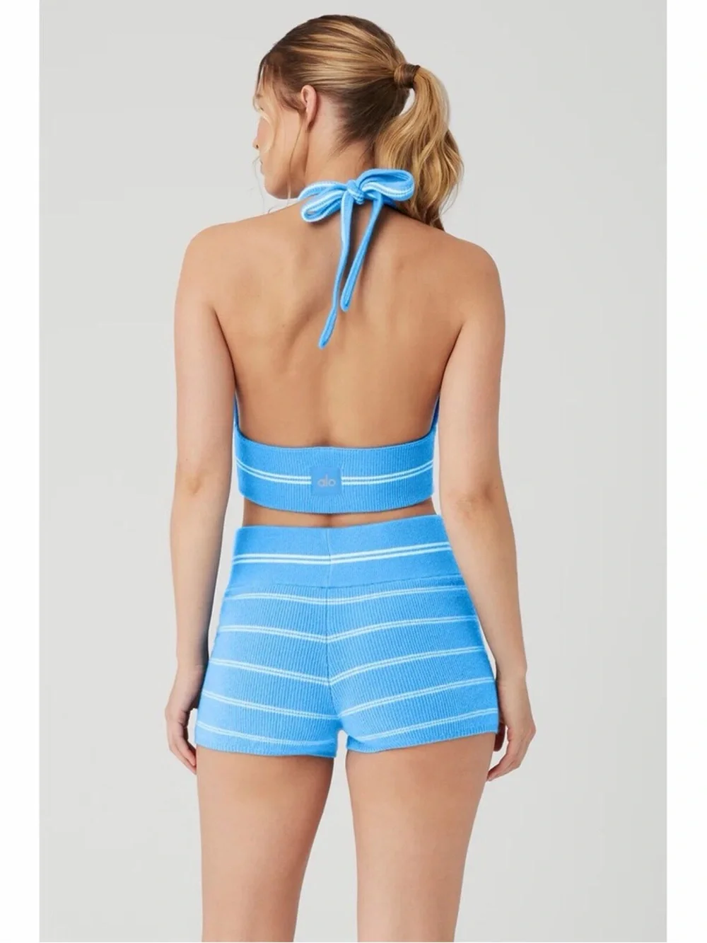 Alo Yoga Cashmere Mini Stripe Halter Top & Shorts Set in Azure Blue/White